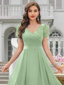 MIUSOL 撞色亮片蕾丝 V 领花瓣袖褶边晚会长裙、夏季中长裙、婚礼宾客派对礼服 - 薄荷綠 - 查看 8