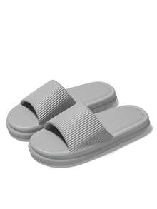 Men's Striped Slippers Size 48-49, Casual Flat Slip-On Sandals, Open Toe House Shoes, Couple's Spring/Summer Slides - Grey - View 8