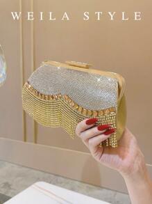 Luxury Golden Rhinestone Clutch Bag With Tassels, Sparkling Crystal Handbag For Evening Party, Wedding, Cocktail, High-End Fashion Lady Party Purse, Top-Handle, Crossbody, Small Square Clutch