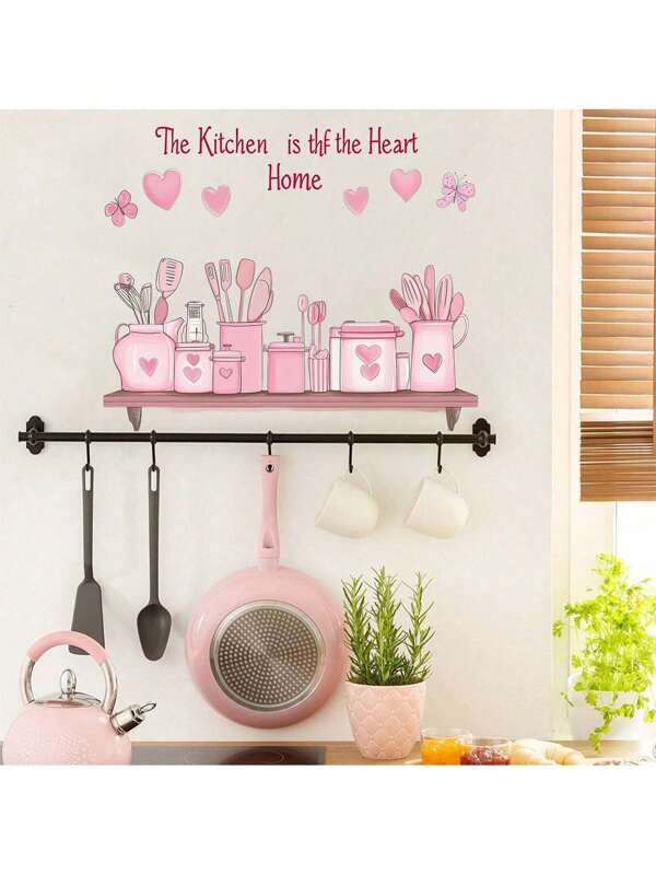 Kitchen Stickers/Decorative Stickers The Kitchen Is The Heart Of The Family Pink Warm Stickers Waterproof And Dustproof Stickers, 1 Piece Pvc Material Removable Wear-Resistant Stickers, Wall Stickers 23.6*11.8 Inches, Suitable For Kitchen Decoration, Wall Decoration, Restaurant Decoration, Interesting Birthday Gifts, Graduation Gifts, Make Your Home A New Look