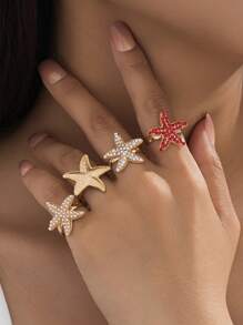 4pcs Fashion Classic Casual Crystal Pearl Starfish Adjustable Ring Set, Gift For Wife Friends, Can Be Worn For Beach, Party, Commute
