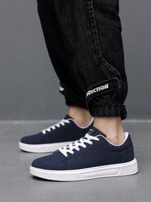 男士新款蓝色时尚简约字母图案撞色系带平底休闲运动鞋，适合日常通勤、户外、轻便舒适的滑板鞋情人节创意 - 撞色 - 查看 9