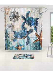 1pc/4pcs Sea Turtle, Sea Star, Seaweed, Coral Pattern Multifunctional Bathroom Waterproof Shower Curtain With 12pcs Hooks, Bathroom Non-Slip Mat, U-Shape Floor Mat And Toilet Lid Cover, Bathroom Set For All Scenarios Bathroom Accessories Back To School
