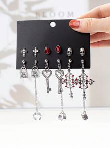 Set de 6 pares de pendientes de clip con diseño de calavera gótica, cruz con tachuelas y detalles de diamantes, versátil para Halloween