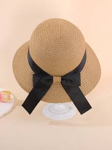 1 Peça Chapéu de Sol de Aba Larga com Laço Preto para Meninas de 2-6 Anos, Chapéu de Praia de Verão Fofo com Proteção UV para Crianças Pequenas em Viagens ao Ar Livre - Laço de fita - Visão 9