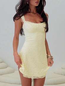 Elegant Fashion Ruffle Strap Bow Design Lace Patchwork Sleeveless Slim Fit Mini Dress - Yellow - View 3