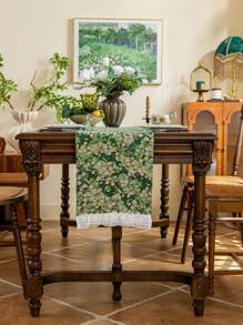 1pc Vintage Green Base Floral Jacquard Table Runner, Suitable For Cafe, Afternoon Tea Decor, Dining Table Events