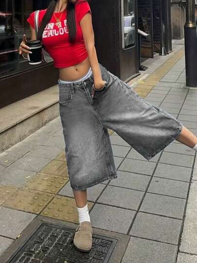 Y2K Vintage Washed Cat Whisker Pocket Wide Leg Bermuda Denim Jeans Shorts, Casual Capri Pants, Y2K Music Festival