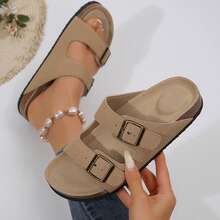 Women Sandals Slip On Comfortable Adjustable Buckle Cork Footbed Easy Wear - Nâu nhạt - Xem 6