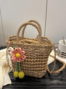1 件可爱假日风格镂空草编女士抽绳水桶包，花朵装饰斜挎单肩包，适合女性夏季海滩度假、休闲、拍照、送礼，高评价品牌 - 彩色 - 查看 10
