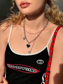 DareSee 1件嘻哈风格黑色爱心几何圆形双层链项链，适合女性，情人节、音乐节、Y2K音乐节、秋季礼物、音乐节 - 銀色 - 查看 1