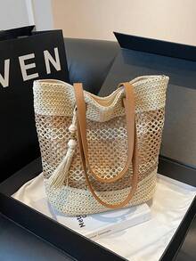 春夏女士草编托特包，镂空花边大容量旅行沙滩单肩包，适合时尚出游，非常适合海滩和日常使用 - 米色 - 查看 2