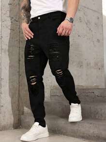 1pc Men's Black Stretch Denim Jeans, Streetwear Casual Jogger Pants, Breathable Skinny Ripped Jeans Suitable For City Walking, Parent-Child, Outdoor Activities