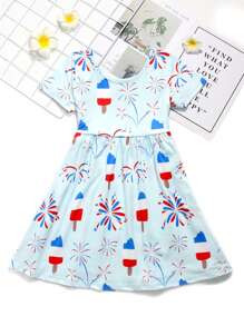 Young Girl Stretchy American Style Ice Cream & Fireworks Print Short Sleeve Dress Summer Gift, Independence Day, Party