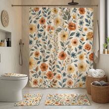 1/4pcs Vintage Flower & Wild Grass Themed Bathroom Set, Including Shower Curtain, Bath Mat, U-Shaped Toilet Lid Cover, Waterproof Shower Curtain For Bathroom Decor, Modern Style Curtain Partition, No Drilling Required, Polyester, Machine Washable Back To School - Multicolor - View 1