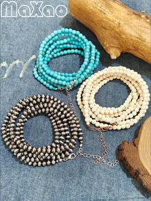 60 Inch!! Women's Retro European & American Bohemian Style Beaded Necklace, Casually Twisted, Full Turquoise Beads Won't Fade, Suitable For Daily Wear