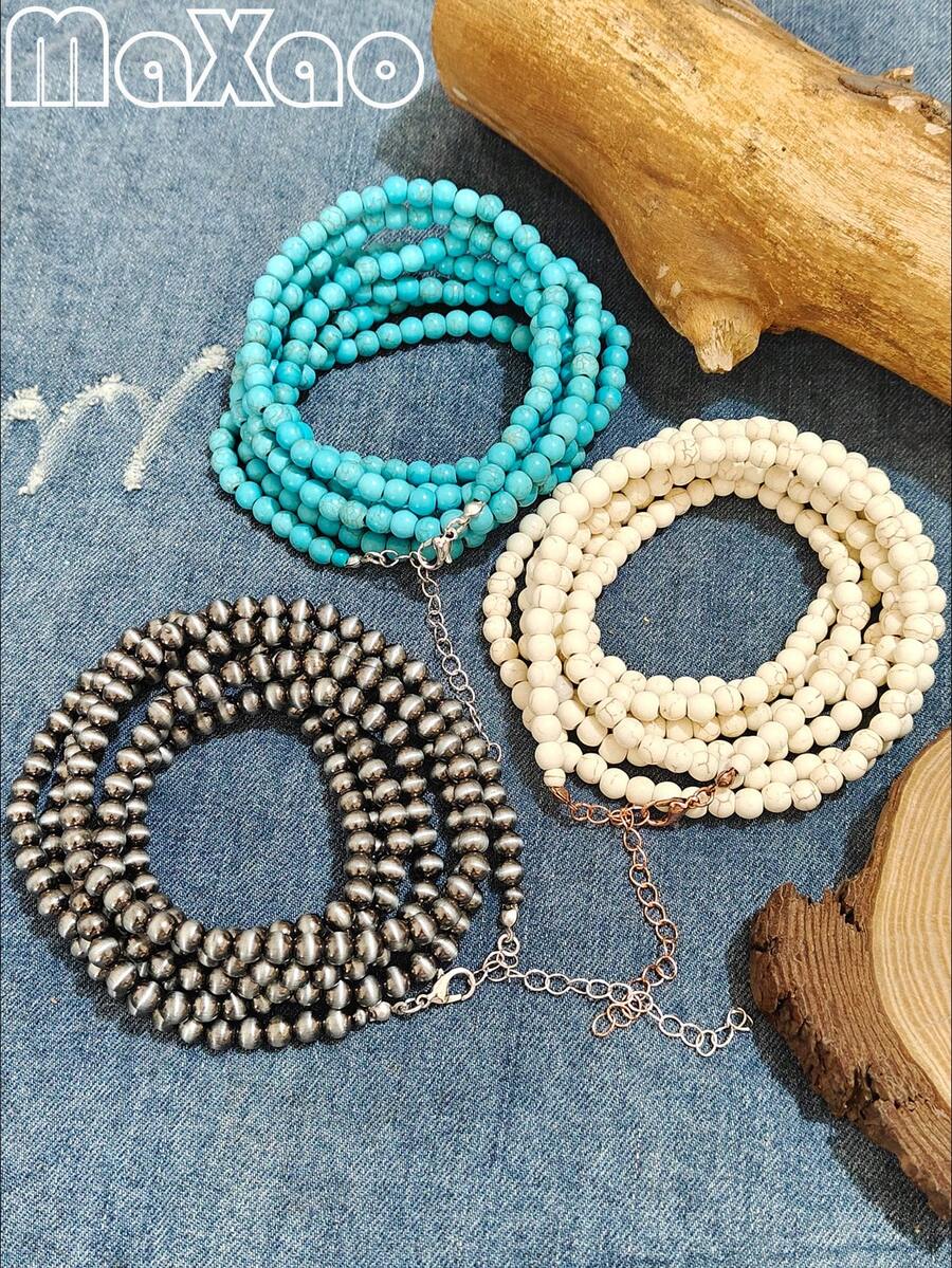 60 Inch!! Women's Retro European & American Bohemian Style Beaded Necklace, Casually Twisted, Full Turquoise Beads Won't Fade, Suitable For Daily Wear