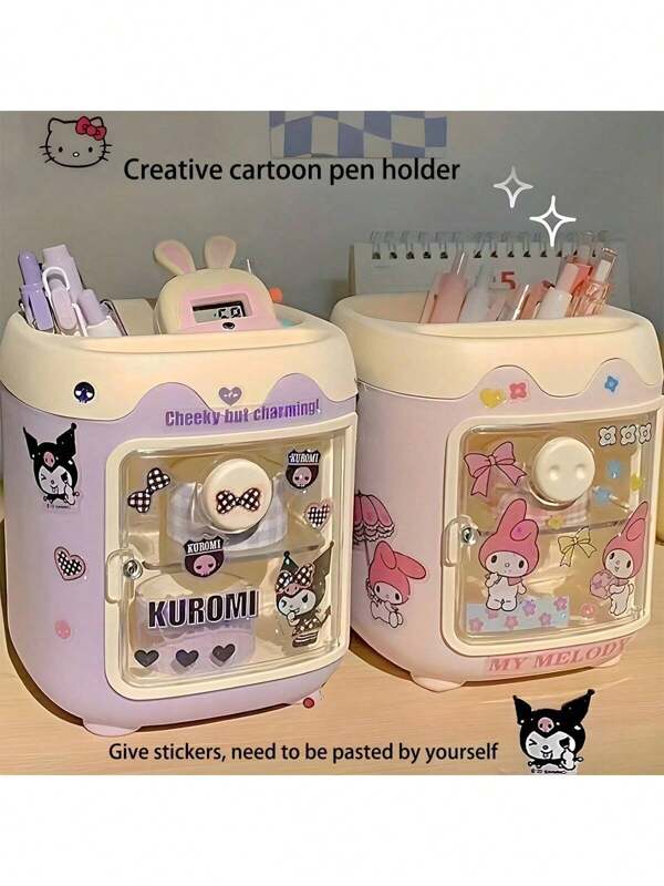Sanrio 1pc Sanrio Themed Creative Cartoon Pen Holder, Office Desk Student Pencil Stand, Minimalist Fashion Transparent Multi-Compartment Stationery Organizer Box (Comes With Cartoon Stickers For DIY) School Supplies,Back To School