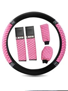 5 件套闪亮汽车方向盘套、手刹套、换档旋钮套、肩垫、15 英寸水钻软皮弹性方向盘保护套、适合女性女孩的闪亮水晶钻石、适合大多数汽车的汽车内饰配件、1 件皮革钻石镶嵌汽车方向盘套 - 款式A - 查看 14