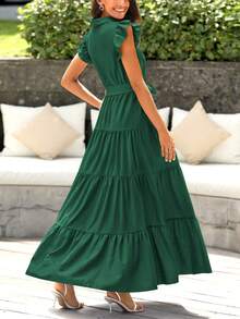Women Summer Dress Casual Cap Ruffle Sleeve V Neck Button Down Belted High Waist Tiered A-Line Boho Maxi Dress With Pockets Boho Beach Holiday Wedding Guest Valentine - 墨綠色 - 查看 2