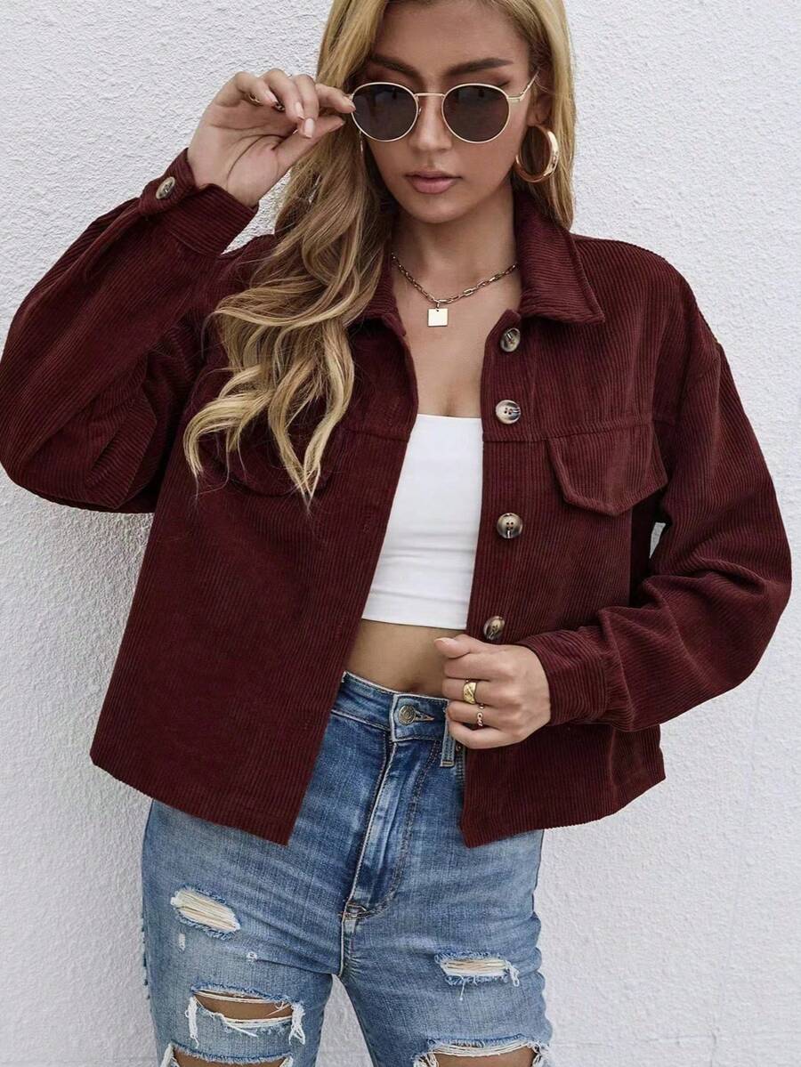 新款棕色灯芯绒女式长袖衬衫 - 咖啡棕 - 查看 1