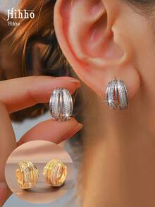 Hihho 1 Pair Fashion Vintage Multilayer Line Zirconia Inlay Hollow Out Stud Earrings, Gold And Silver Color Available, Suitable For Gift, Daily Wear And Party - Earrings - View 14