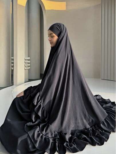 2pcs Set Ruffle Hijab Khimar Hijab Abaya Top Quality Muslim Women Prayer Headscarf Islamic Clothing Khimar, Suitable For Women's Daily Wear And Prayer, Spring/Summer/Autumn For Dress