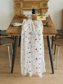 1 pieza Mantel con bordado de encaje y diseño floral colorido, estilo minimalista romántico francés para decoración del hogar y la cocina, adecuado para reuniones festivas, fiestas de cumpleaños, cenas de boda y como fondo fotográfico