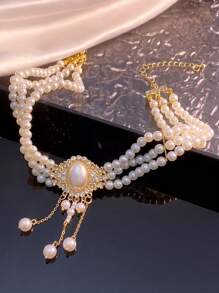 1 Stück elegante französische Hofstil mehrschichtige Halskette mit Kunstperlen für Frauen, modisches Schmuckzubehör geeignet für Party, Hochzeit, Verlobung, Geschenk