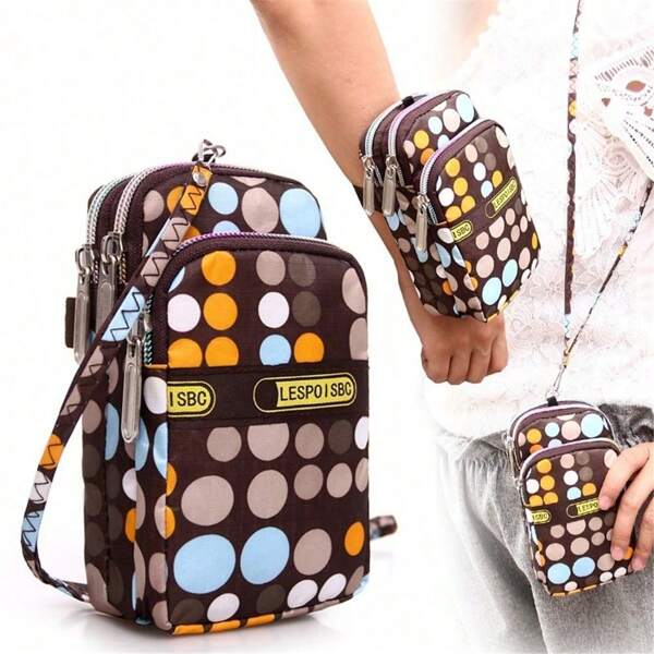 1pc Oxford Cloth Polka Dot/Leopard Print Mini Crossbody Phone Bag, Outdoor Sports Coin Purse, Casual Lightweight Handbag
