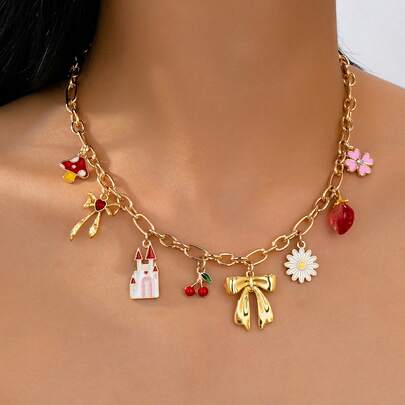 1 件新款水果吊坠蝴蝶结多巴胺彩色珐琅草莓颈链，百搭项圈项链