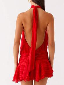 Women Summer Mini Halter Neck Dress Pleated Sleeveless Open Back A-Line Layered Ruffle Short Dress - Red - View 3