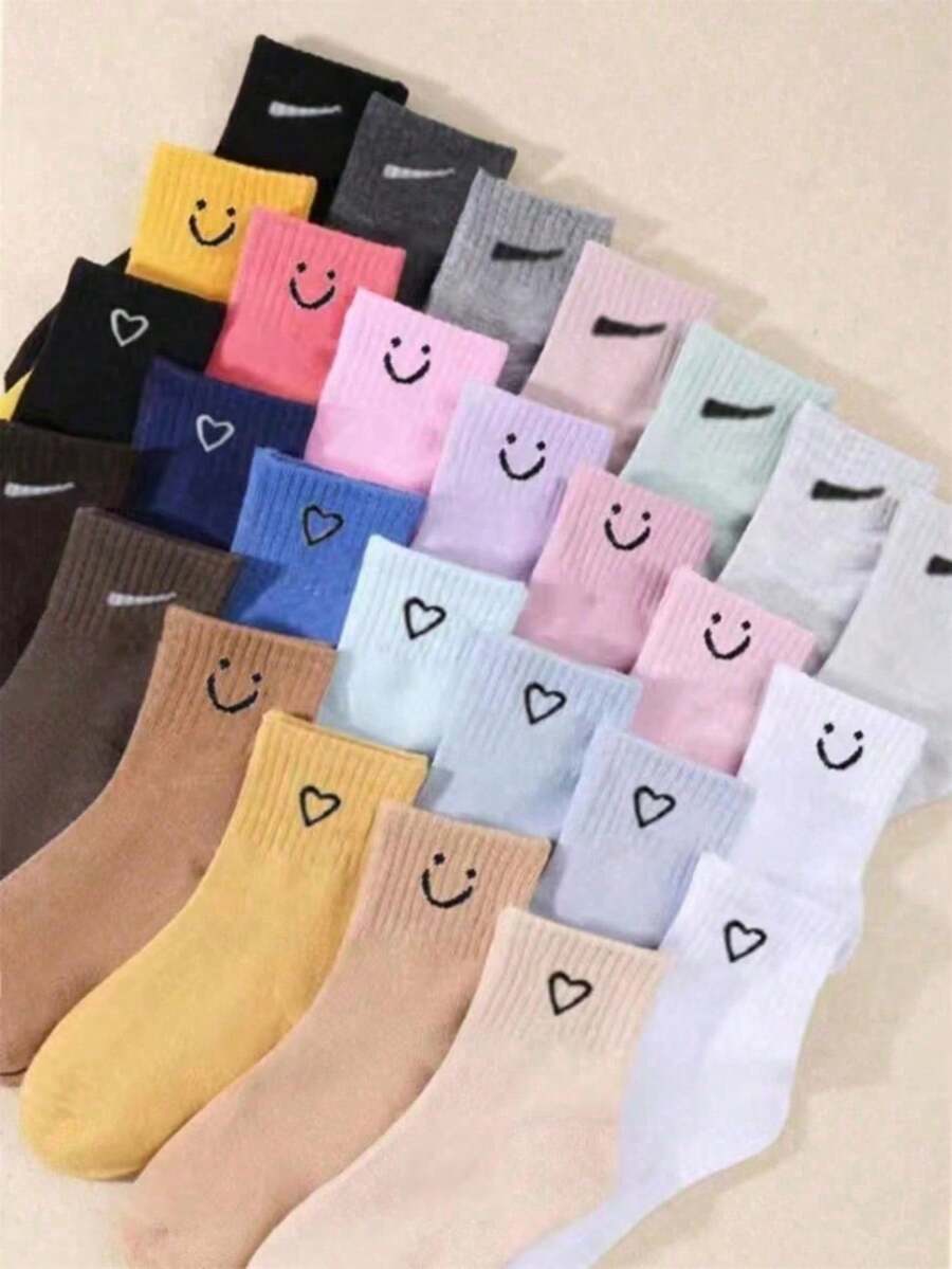 1/10 pares de calcetines de mujer con patrones aleatorios de caras sonrientes y corazones, calcetines tobilleros como regalo de Navidad - Multicolor - Ver 1
