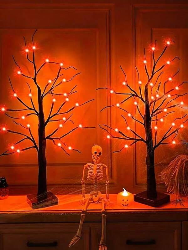 1pc - [Halloween Tree Light] 2ft 24LED Orange Tree Light | Black Halloween And Thanksgiving Desktop Lamp, Autumn Decor Light, Battery Powered (Batteries Not Included), Thanksgiving Decor, Halloween Decor, Autumn Decor, Harvest Festival Decor, Room Decor, Bedroom Decor