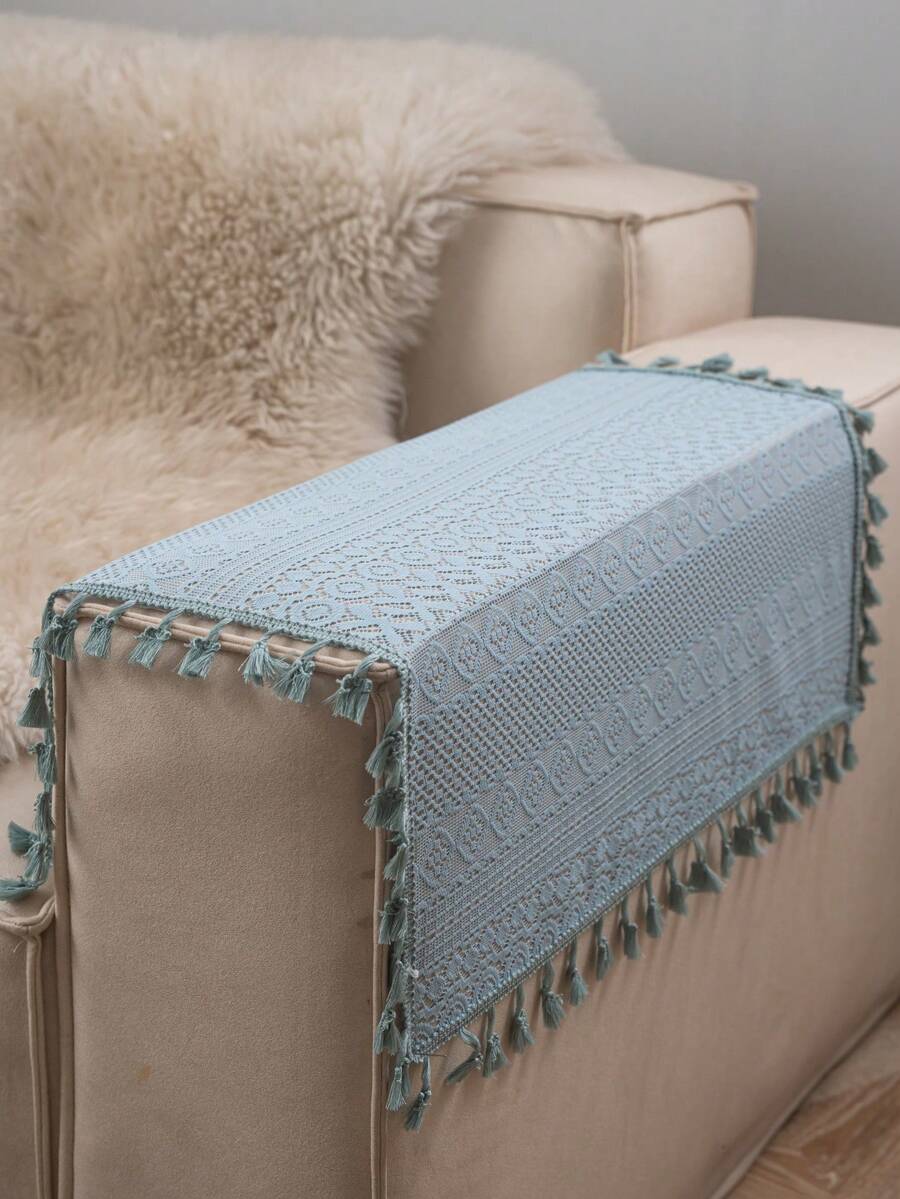 Tokoto 1 块灰蓝色镂空桌布，波西米亚现代亚麻方形桌布，适合圣诞节、万圣节装饰、派对庆典、小桌子、床头柜、沙发、门厅柜，四季皆宜