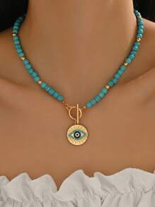 1 pièce Collier fait main avec perles de turquoise, pendentif Ras-du-cou à l'œil de diable créatif, design personnalisé, convient pour un port quotidien, séances photo, soirées