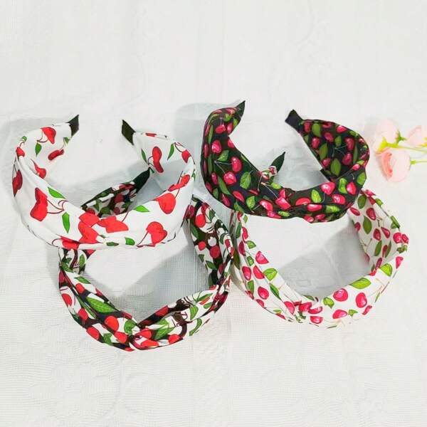 Set de 4 diademas de tela con decoración de cerezas y bordes anchos, lindas y minimalistas para uso diario y días festivos, verano, diademas para mujeres, accesorios para el cabello, diademas, aros para el cabello