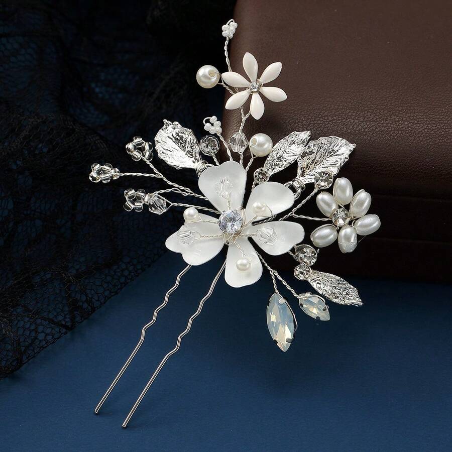 新娘手工花卉仿珍珠 U 型针发叉 | 安全婚礼发簪新娘发饰、发饰、发饰、发夹、发髻延长器、发髻制作器、发髻发片、发型夹 - 銀色 - 查看 1