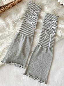 2025新款夏季薄款针织宽腿套，蝴蝶结叠穿腿套，夏季小腿套，Y2K风格，舒适保暖