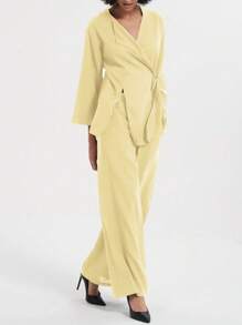 Se-Hore Fashion Trending Women's Retro Loose Tie V-Neck Jacket And Casual Pants 2 Pieces Set