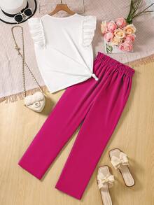 Tween Girls Cartoon Graphic Print Ruffle Trim Short Sleeve Top And Long Pants Set - Hot Pink - View 2