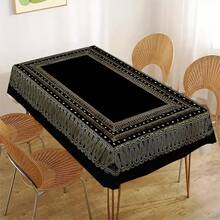 1 pieza Mantel de estilo bohemio de color negro con bordado dorado - Mantel rectangular de poliéster para decoración de comedor, apto para uso en interiores y exteriores, perfecto para fiestas y decoración del hogar, decoración de mesa de comedor de estilo boho, mantel duradero, decoración de mesa - Negro - Ver 8