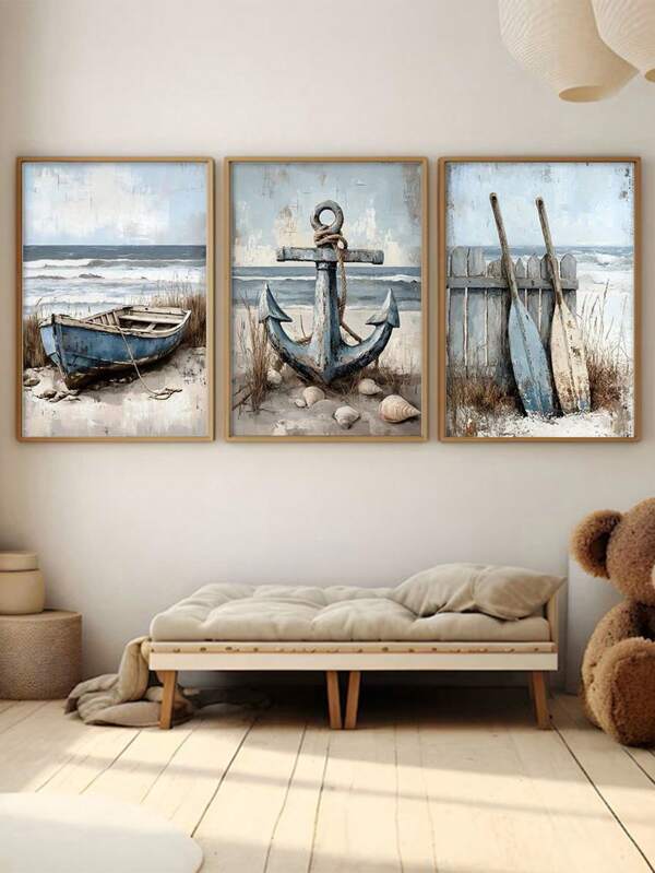 3 Stücke Leinwandbilder - Zeitgenössische Nautische Küstendekoration Stranddekoration, Küstendekoration, Rahmenlose Ozean-Poster-Themengemälde für Wohnzimmer, Schlafzimmer, Badezimmer, Büroflur, Modernes ästhetisches Wohndekoration Geschenk