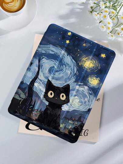 Capa protetora para tablet com estampa do gato preto sob o céu estrelado de Van Gogh, compatível com iPad 9.7/10.2/10.5/10.9/12.9/Pro 11, 10ª geração, compatível com Samsung Galaxy Tab S6 Lite de 10,4 polegadas, compatível com Kindle Paperwhite 12ª geração (2024), Kindle (11ª geração) lançamento 2022, proteção anti-queda macia, suporte inteligente/despertar/repousar automáticos