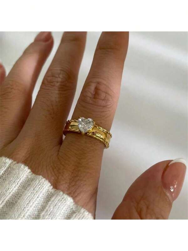 1pc 18K Gold Plated Stainless Steel Heart-Shaped Zirconia Decorative Single Ring, Suitable For Women's Daily And Wedding Wear, Gift