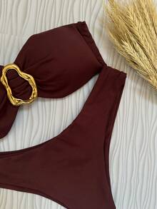 Brown Strapless Bikini Top With Removable Pads Elegant Casual Knot Ring - Khaki - View 8