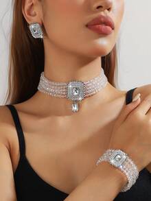 1 conjunto de colar e brincos de cristal geométrico quadrado feminino de luxo, rosa, champanhe dourado, branco, preto e vermelho, e pulseira de cristal multicamadas, para uso formal e diário - Conjunto de três peças de cristal - Ver 8