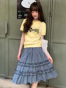 RUIWY 女款彩色块字母印花针织短袖T恤，夏季设计休闲圆领上衣，修身