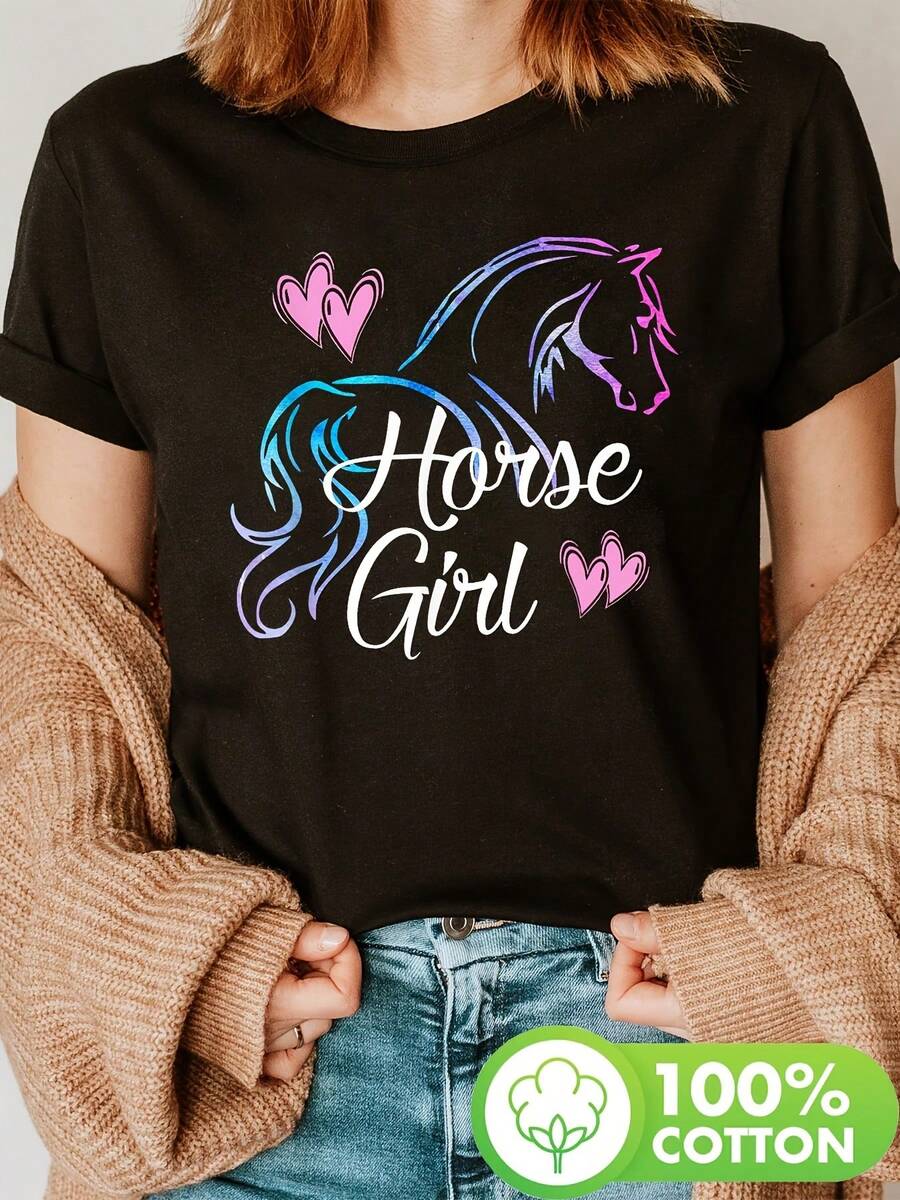 Camiseta con estampado de CABALLO, cuello redondo de manga corta, top casual para verano y primavera, ropa de mujer - Negro - Ver 1
