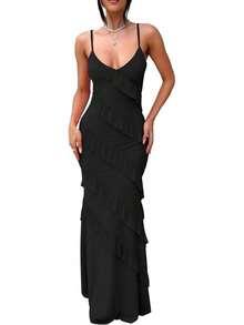 Women's Backless Bodycon Spaghetti Strap Elegant Ruffle Maxi Cocktail Party Dresses, 2025 QMO3 - 白色 - 查看 6